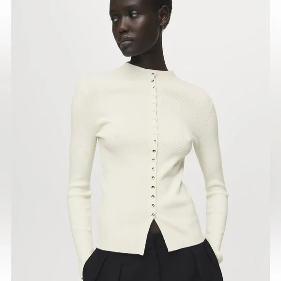 Mango XL Ivory Fine Knit Ribbed Mock Neck Mini Button Front Wool Blend Cardigan - Picture 1 of 16